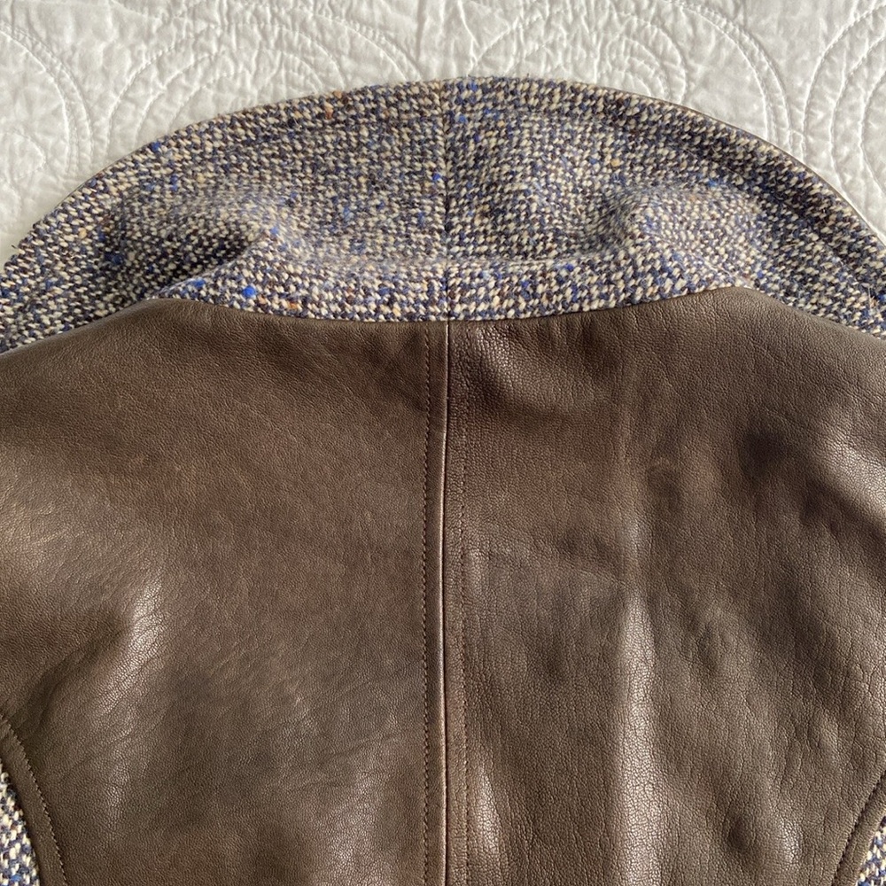 Tocca Leather Blazer Tweed Hourglass Notched Lapels Brown Blue Gray 4 Or S - Picture 14 of 17